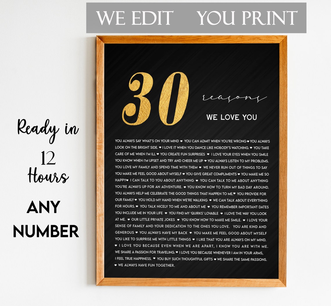 Personalized 30 Reasons We Love You Black Gold Anniversary Gift Poster