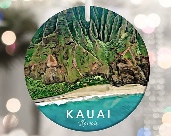 Kauai Hawaii Green Sea Cliff Coast Round Christmas Tree Ornament Art Print