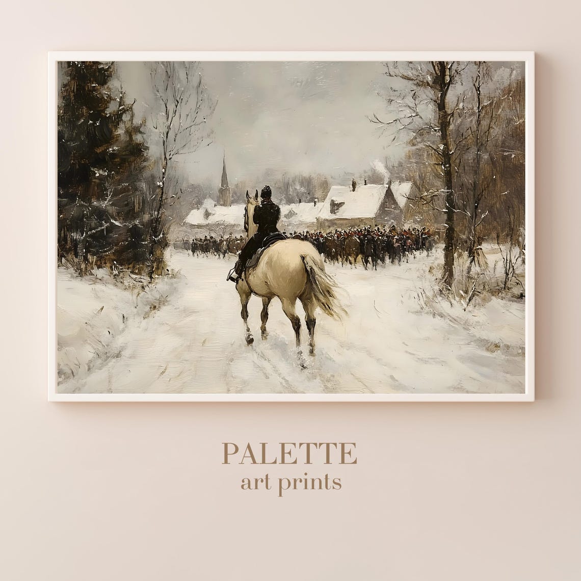 Mounted Soldier in Snowy Village Historic Winter Painting Poster