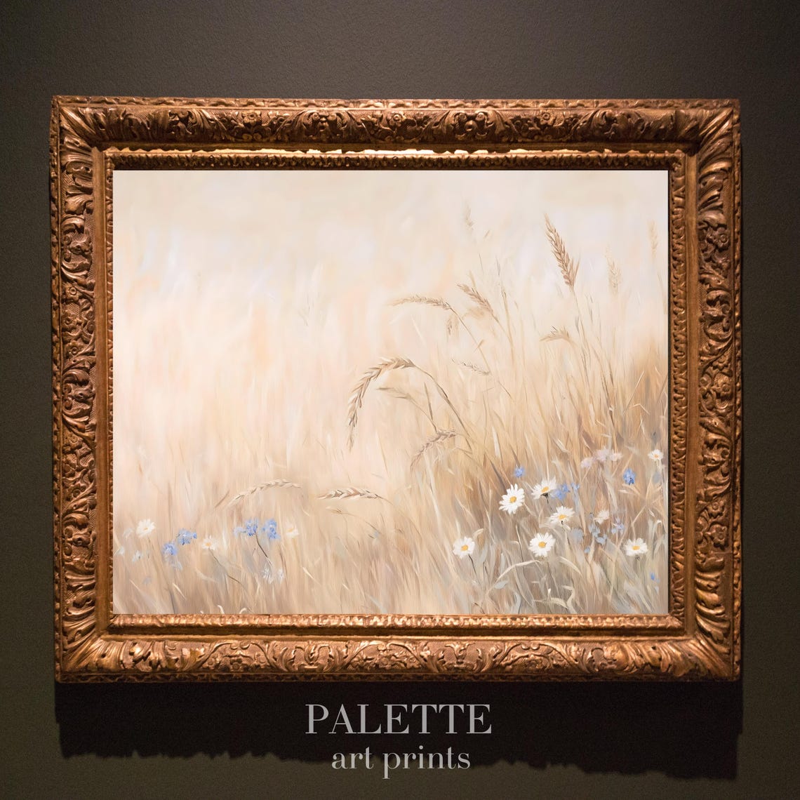 Soft Beige Wheat Field Daisies and Blue Wildflowers Wall Art - Image 3
