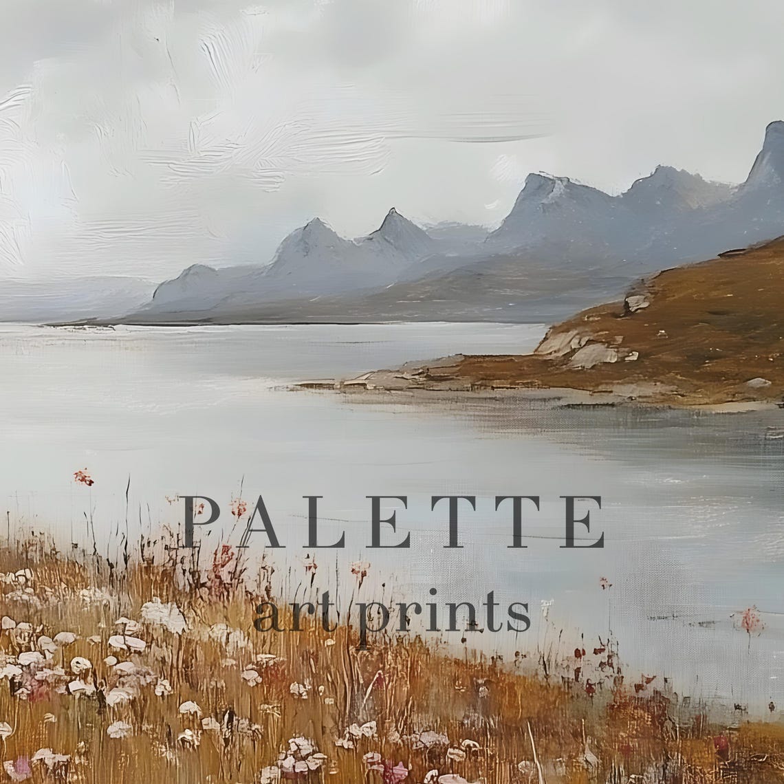 Wildflower Shoreline Calm Bay Distant Mountains Painting Wall Art - Image 2