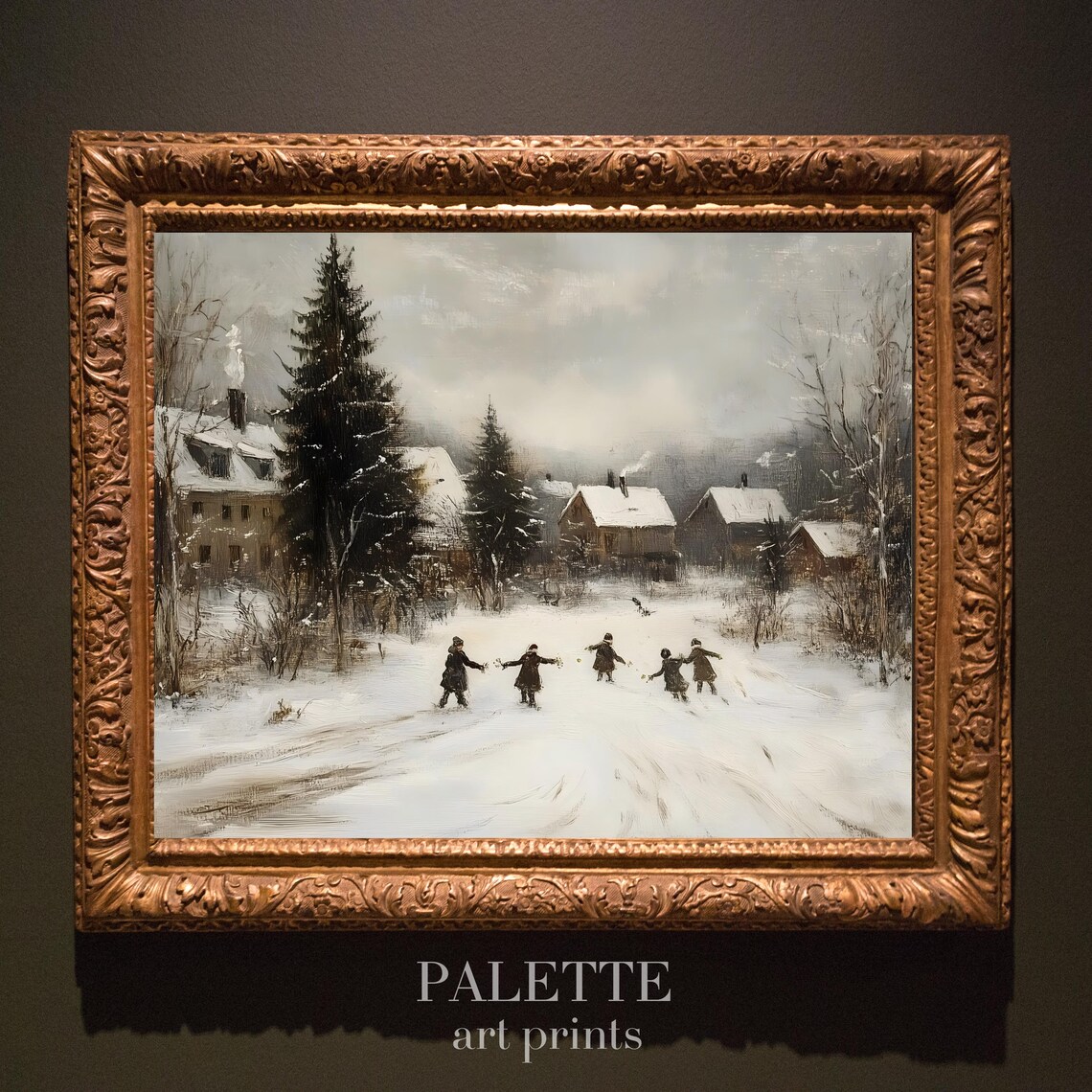 Children Playing Snowy Village Street Nostalgic Winter Scene Painting Poster - Image 3