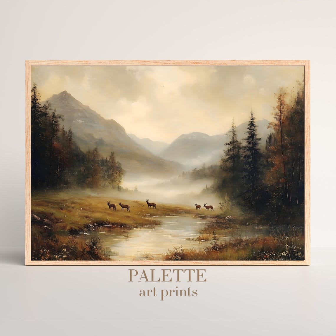 Deer Grazing Golden Meadow Misty Mountains Vintage Wildlife Poster - Image 3
