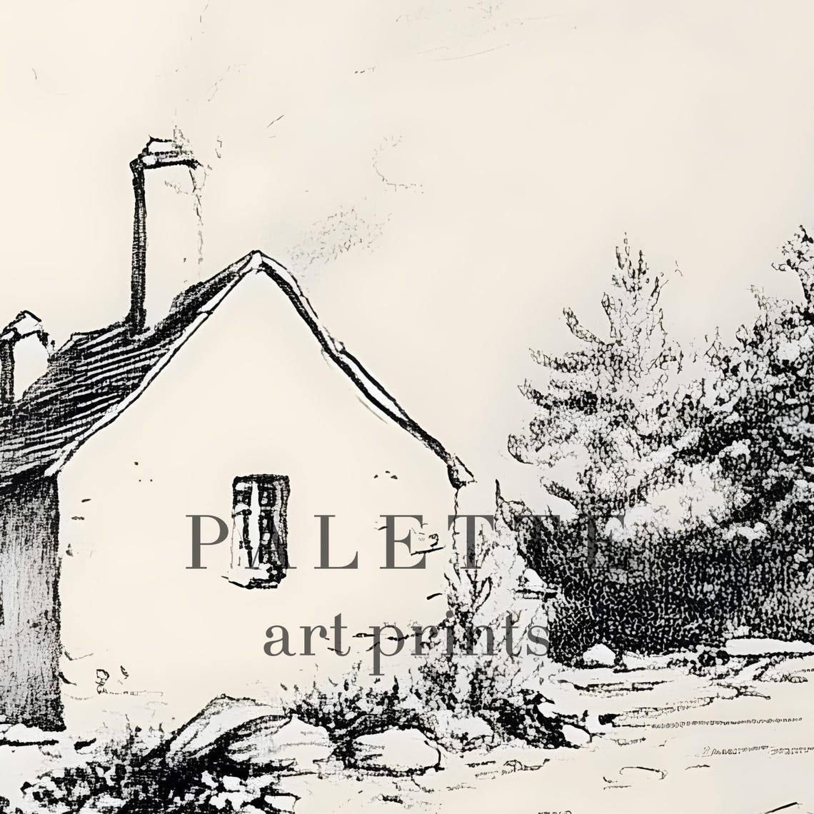 Countryside Cottage Pencil Sketch Trees Rustic House Drawing Poster - Image 2