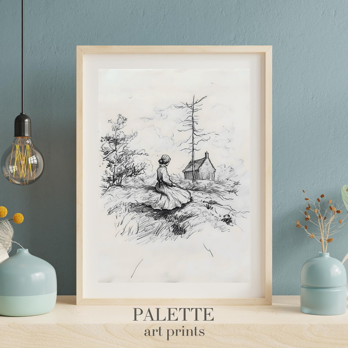 Woman Seated on Hillside Cottage Pencil Sketch Vintage Figure Drawing Poster - Image 3