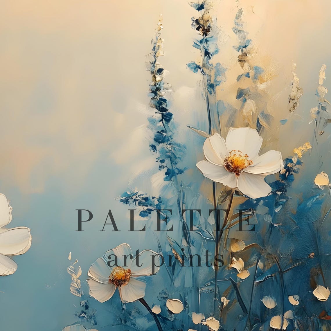 White Cosmos Flowers Dreamy Blue Floral Impasto Painting Poster - Image 2
