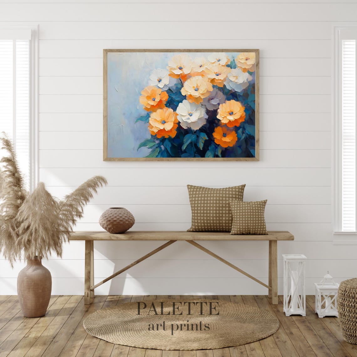 Bright Orange White Cosmos Bouquet Impasto Style Floral Wall Art - Image 3