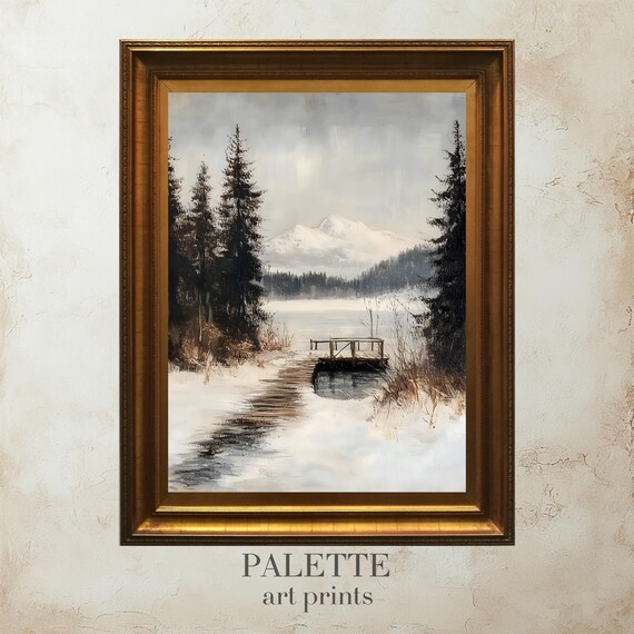Frozen Lake Wooden Dock Snowy Pines Mountain Backdrop Painting Poster