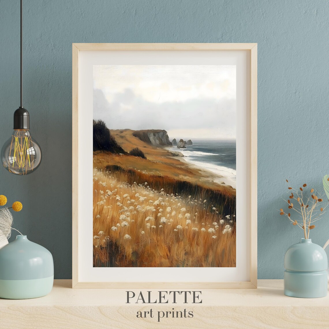 Coastal Cliff Wildflowers Golden Grasses Ocean View Seaside Painting Poster - Image 3
