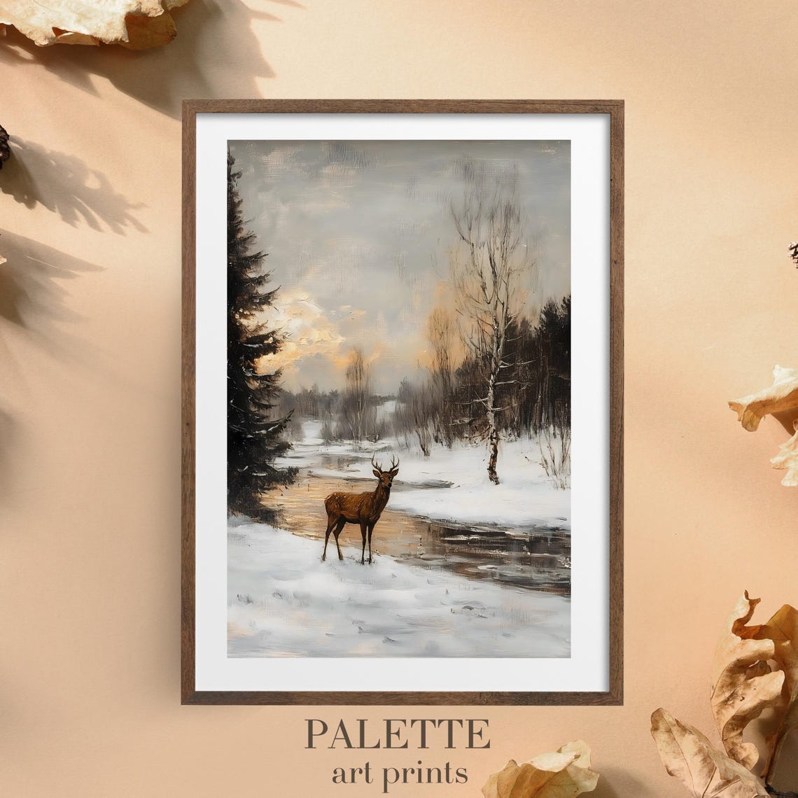 Stag Standing by a Winter Stream in a Snowy Forest Dusk Wall Art - Image 3