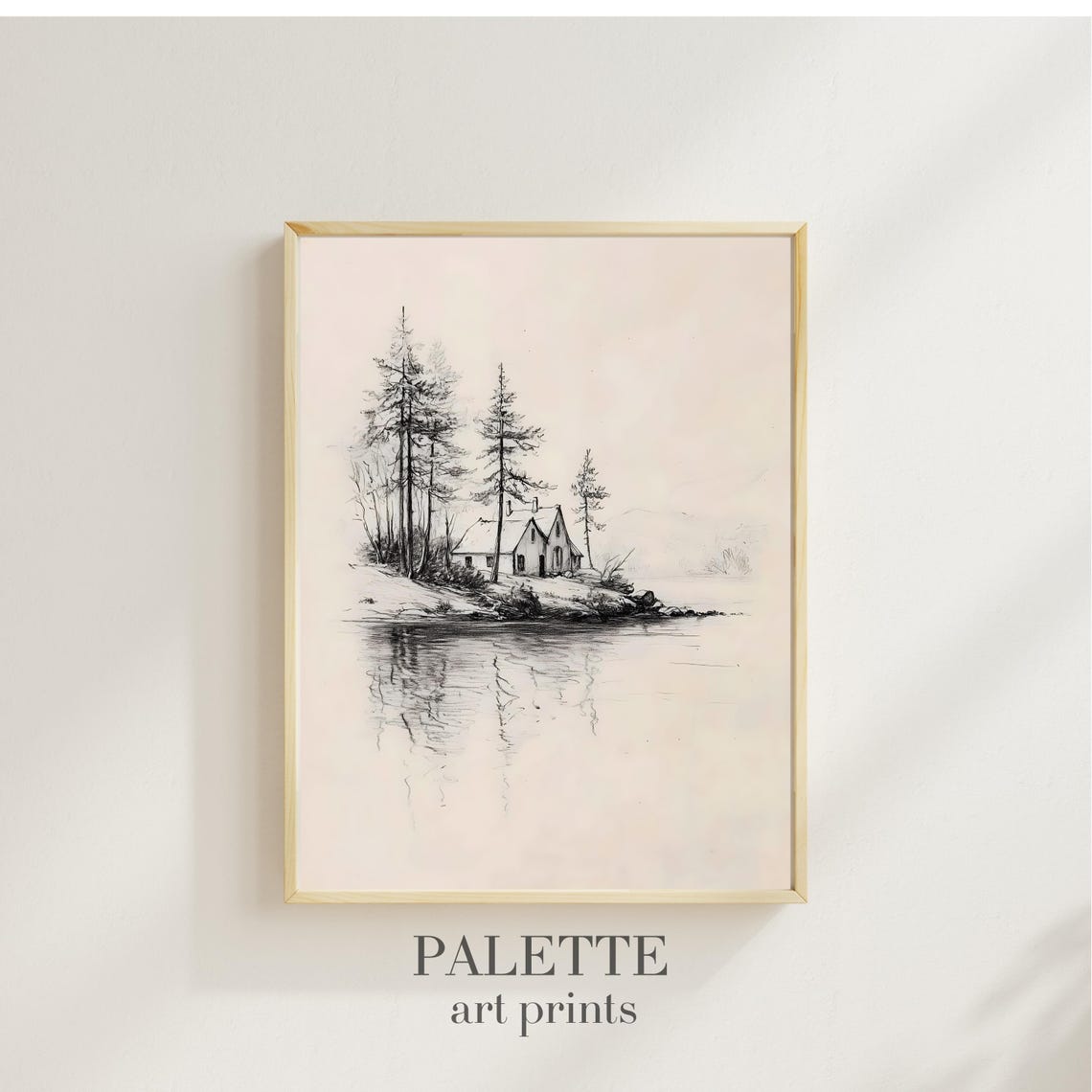 Lakeside Cabin Pine Trees Sepia Ink Sketch Rustic Wall Decor Print - Image 3