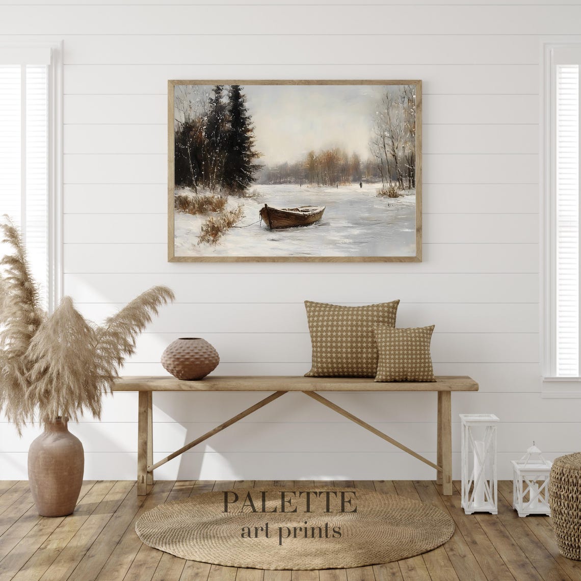 Rustic Boat Resting On A Frozen Winter Lake Snowy Forest Poster - Image 2