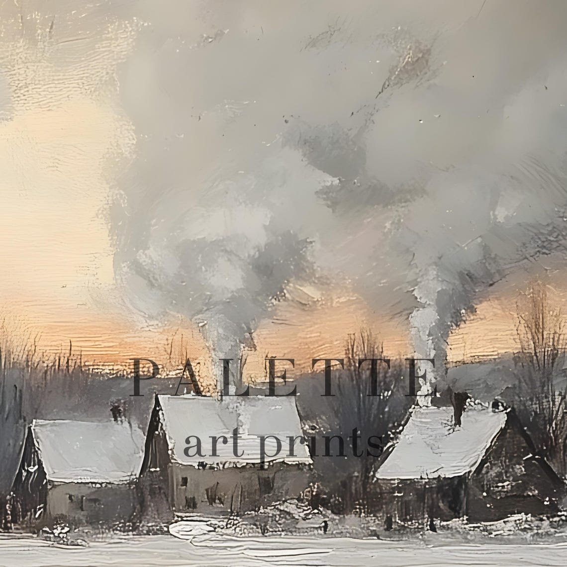 Frozen River Rowboat Lone Figure Snowy Village Winter Painting Poster - Image 2