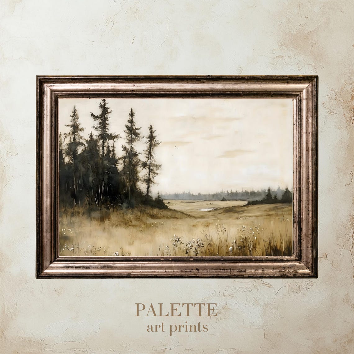 Sepia Toned Pine Trees Over an Open Quiet Moor Landscape Wall Art