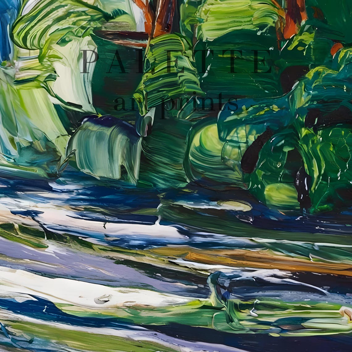 Tropical Waterfall in Lush Jungle Impasto Green Landscape Poster - Image 2