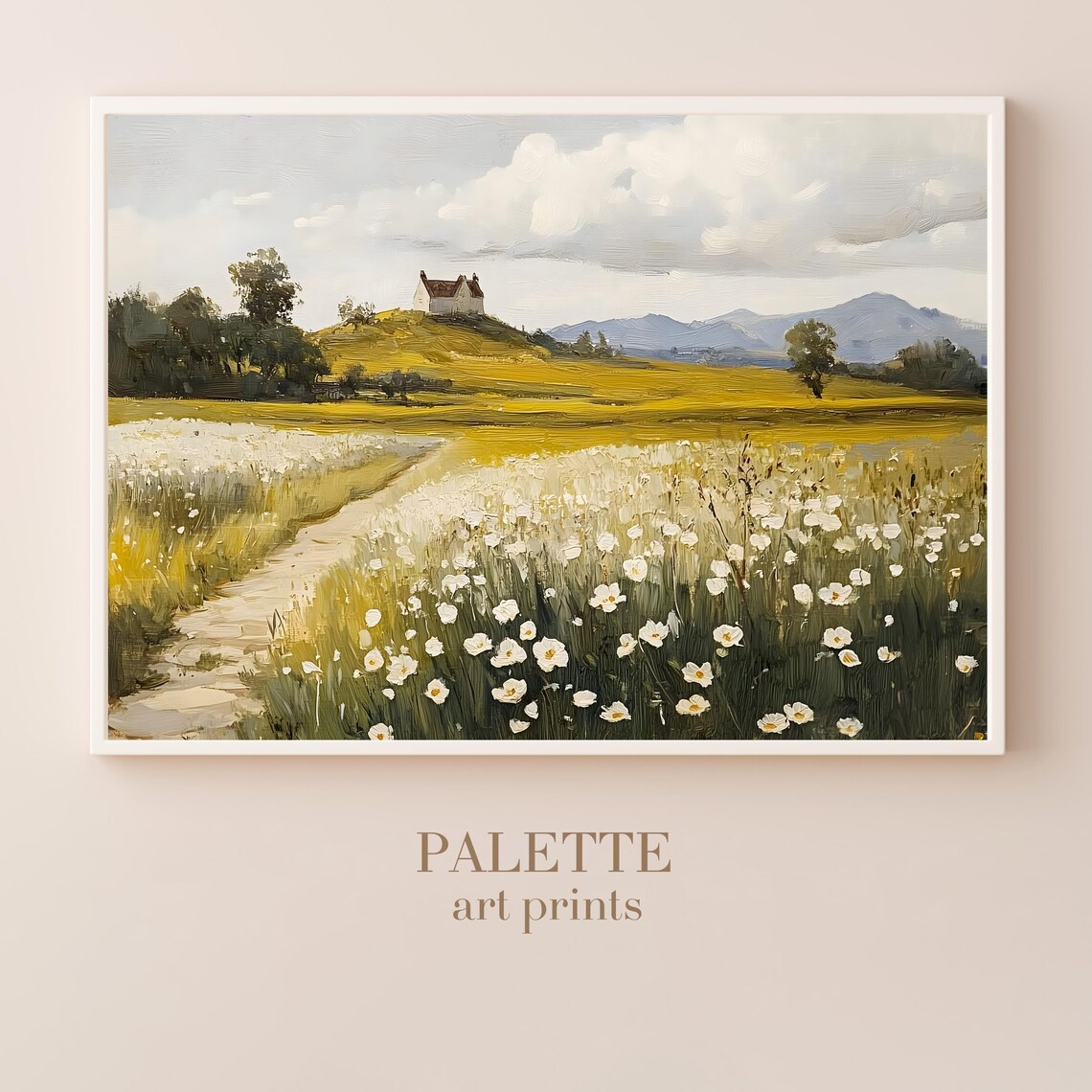 White Wildflower Path Country House Mountain View Landscape Poster - Image 3