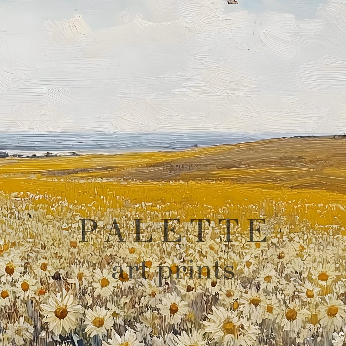 Endless White Daisy Field Blue Sky Church Spire Horizon Wall Art - Image 2