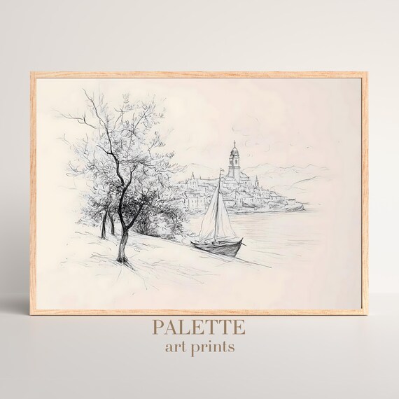 Coastal Town with Sailboat Pencil Sketch Village Scene Print