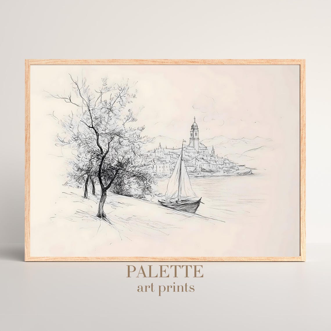 Coastal Town with Sailboat Pencil Sketch Village Scene Print