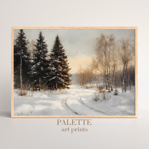 Snowy Forest Road Between Pines And Birches At Sunrise Poster