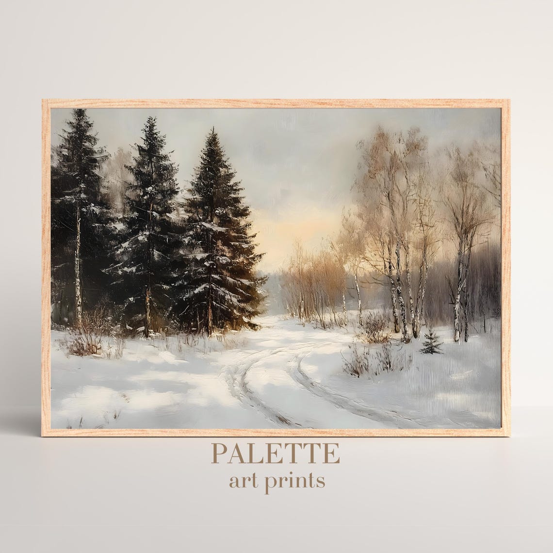 Snowy Forest Road Between Pines And Birches At Sunrise Poster