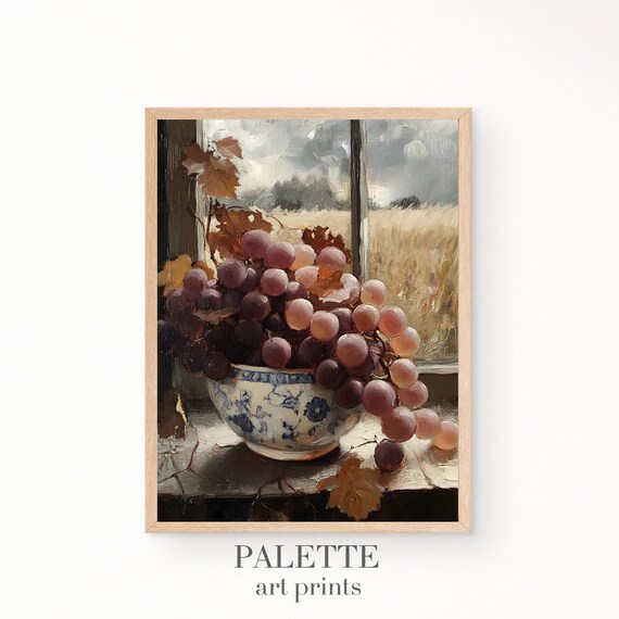 Grape Bowl Porcelain Window Sill Harvest Vintage Still Life Print