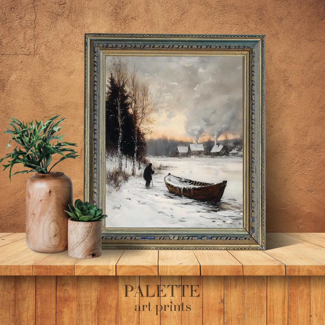 Frozen River Rowboat Lone Figure Snowy Village Winter Painting Poster - Image 3