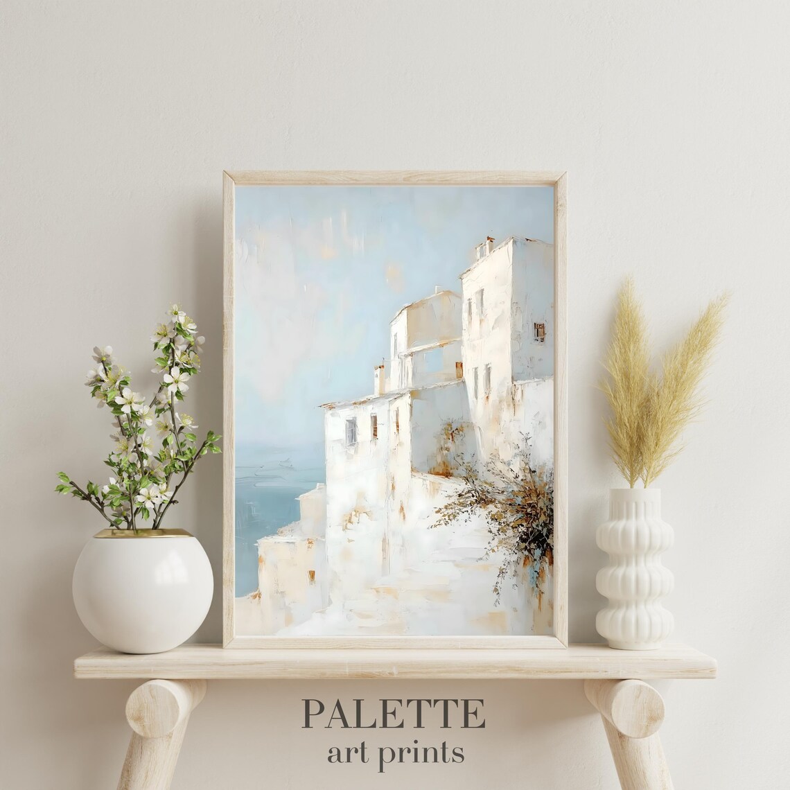 White Coastal Village Sunlit Sea View Bright White Buildings Painting Poster - Image 3