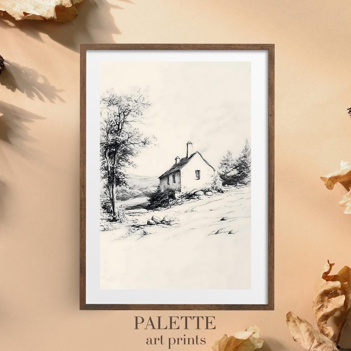 Countryside Cottage Pencil Sketch Trees Rustic House Drawing Poster - Image 3