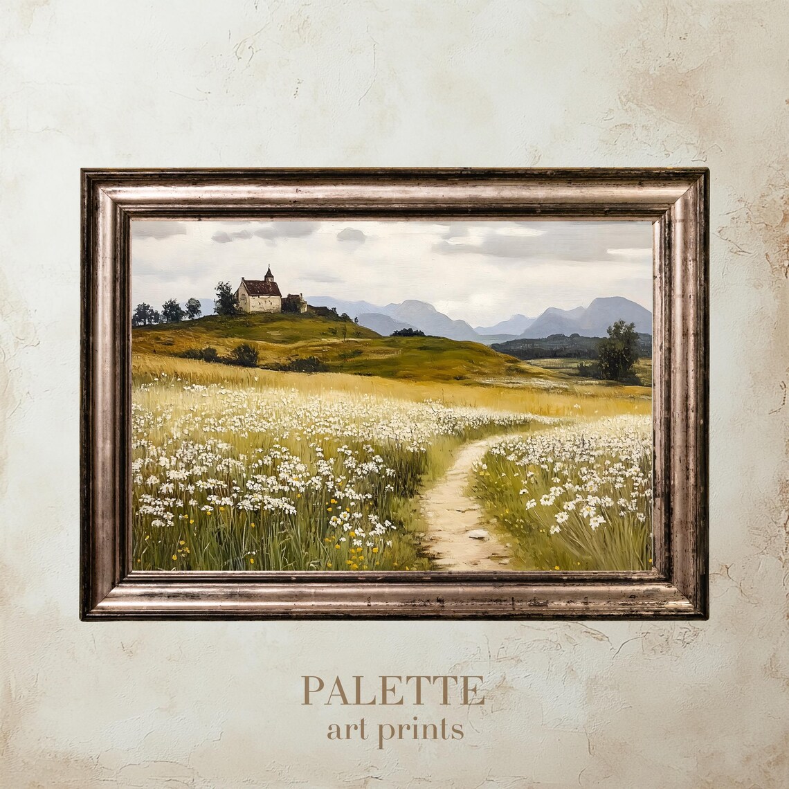 Country Church On A Hill Above A Golden Wheat Field Path Poster