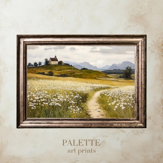 Oil Painting Of A Countryside Path Leading To A Hilltop Church Idyllic Rural Landscape With Wildflowers Lnd129