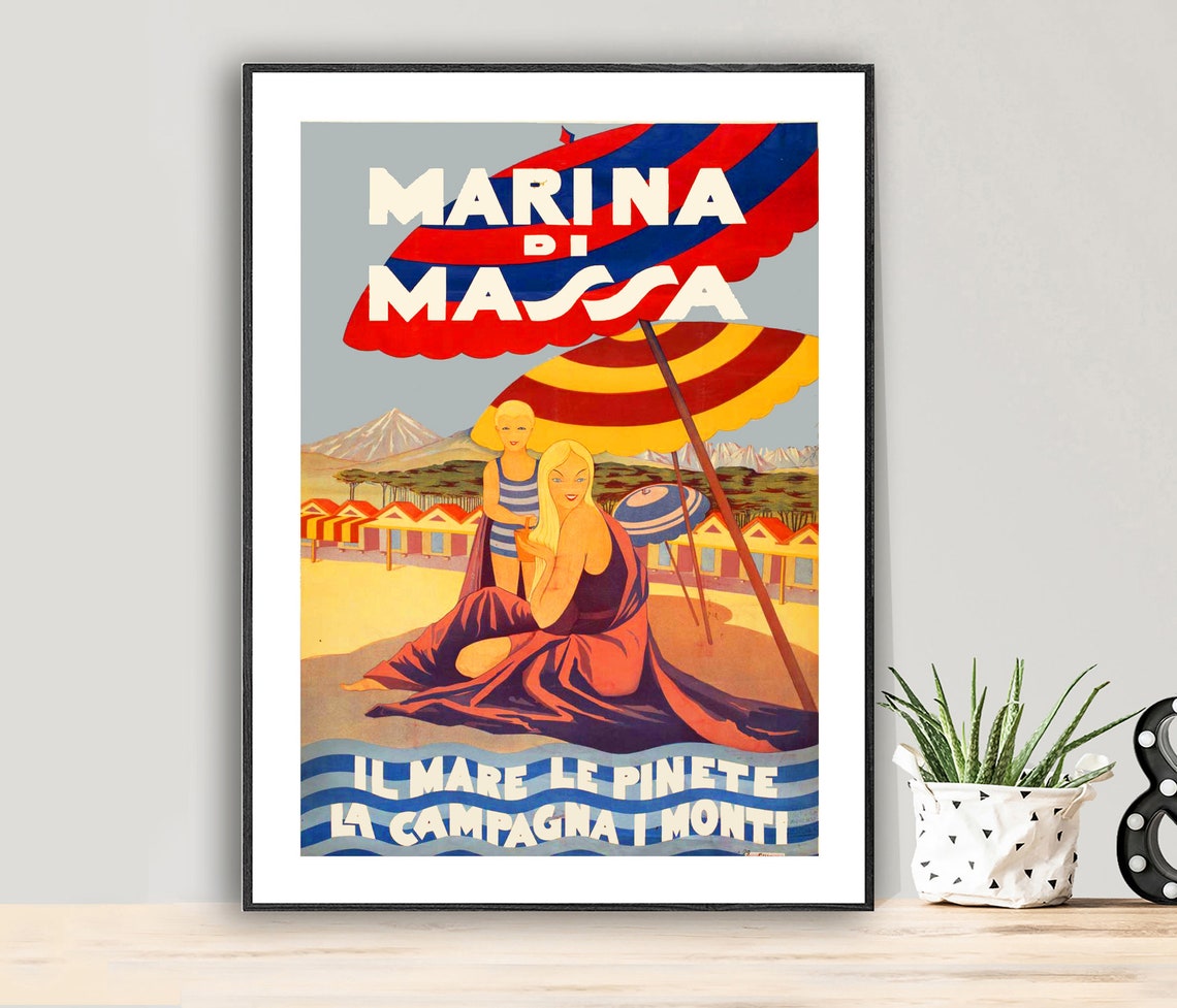 Marina Di Massa Italy Vintage Travel Poster Beach Umbrellas Artwork