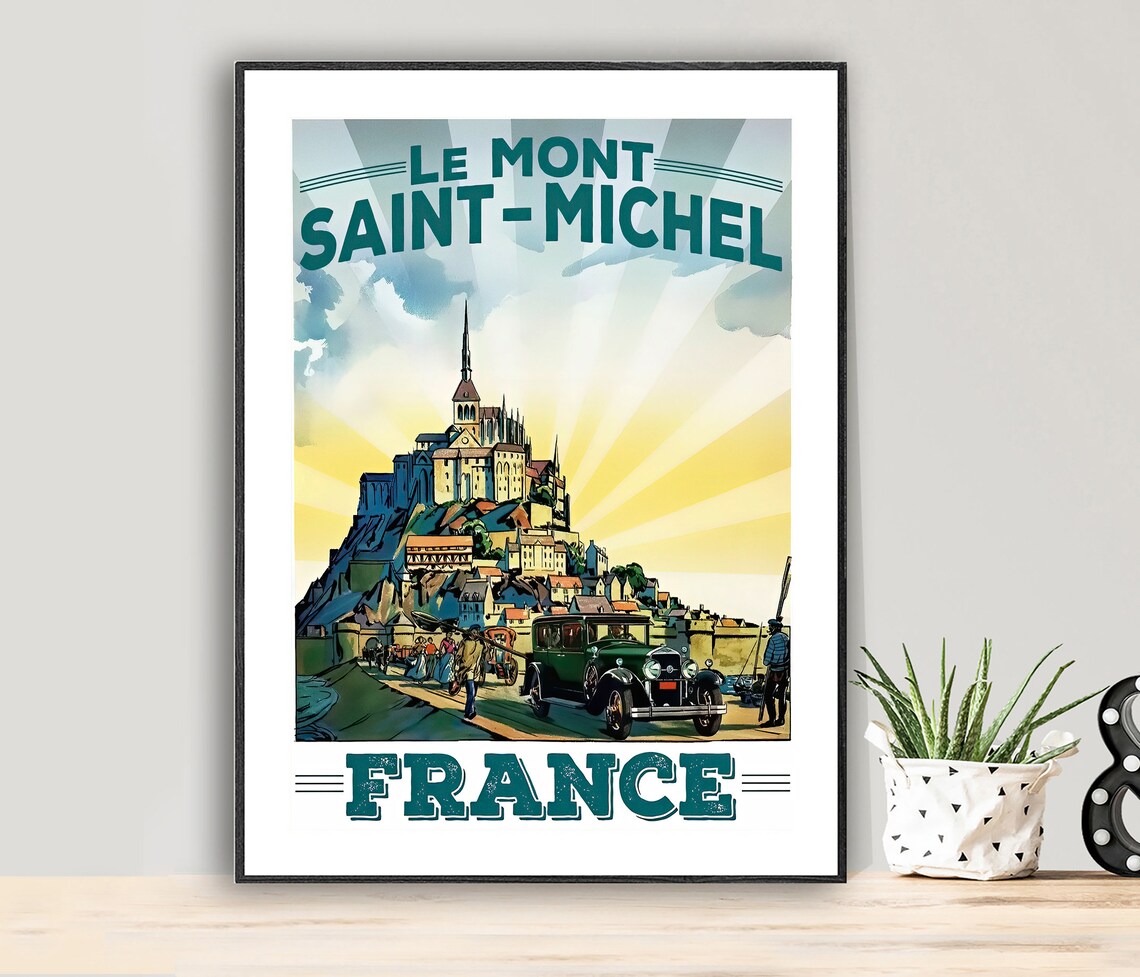 Le Mont Saint Michel France Vintage Travel Poster Abbey Sunburst Car