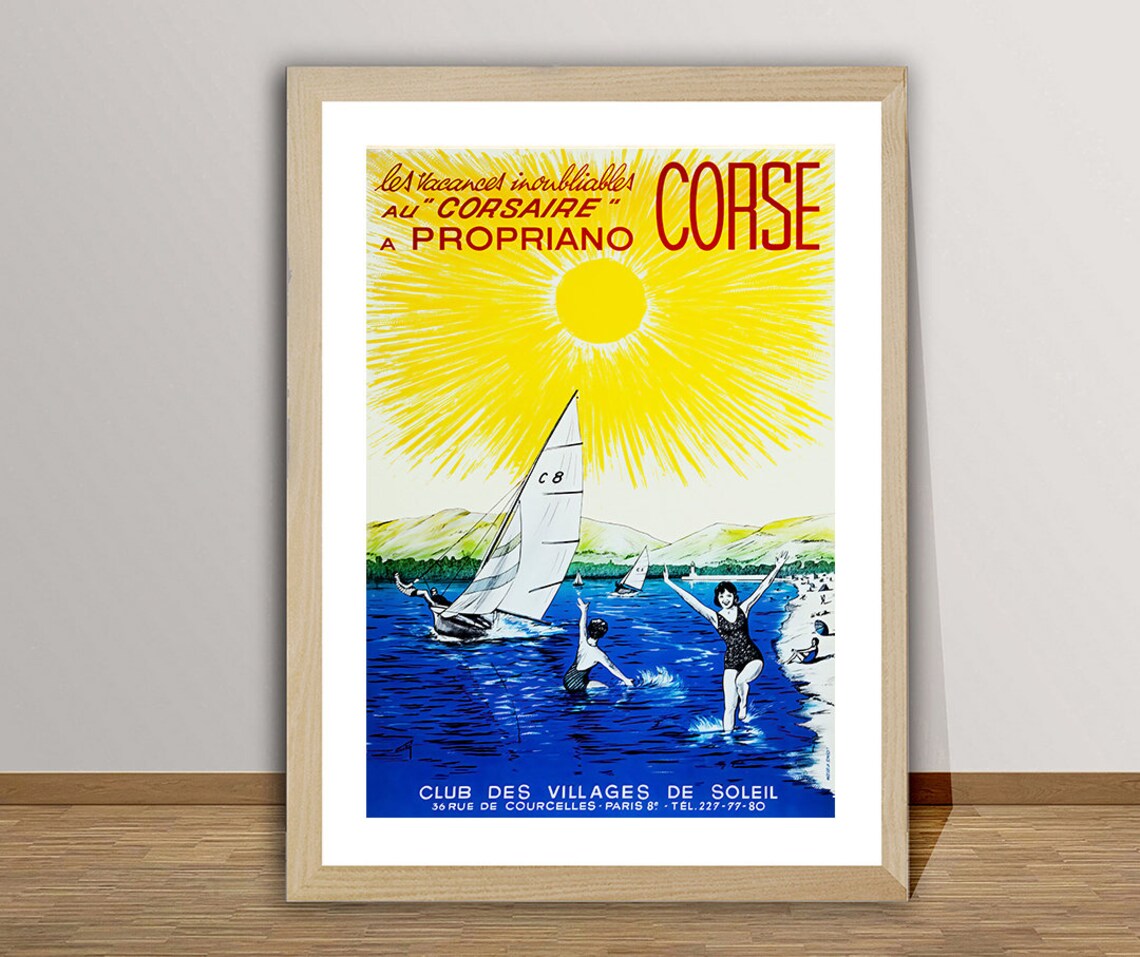 Corse Propriano Corsica Sailing Beach Club Vintage Travel Poster