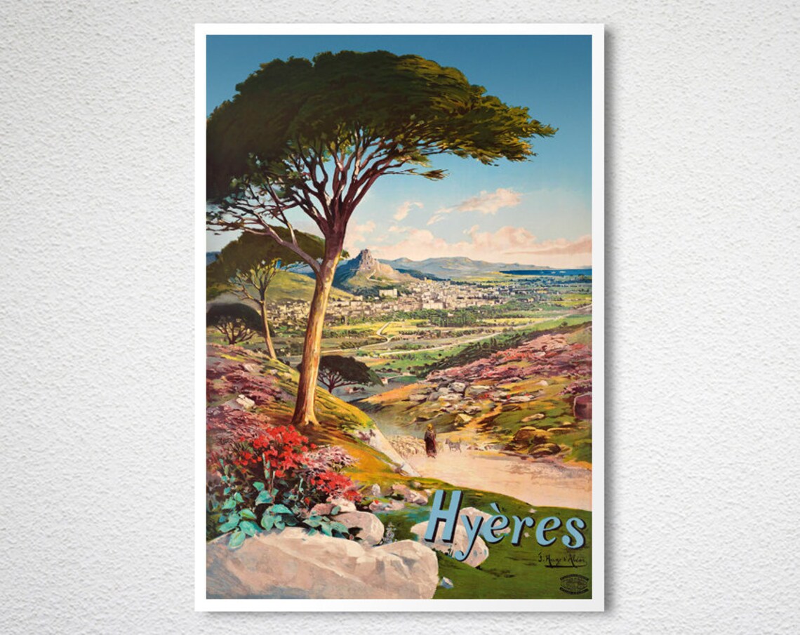 Hyeres French Riviera Umbrella Pines Coast Vintage Travel Poster - Image 2