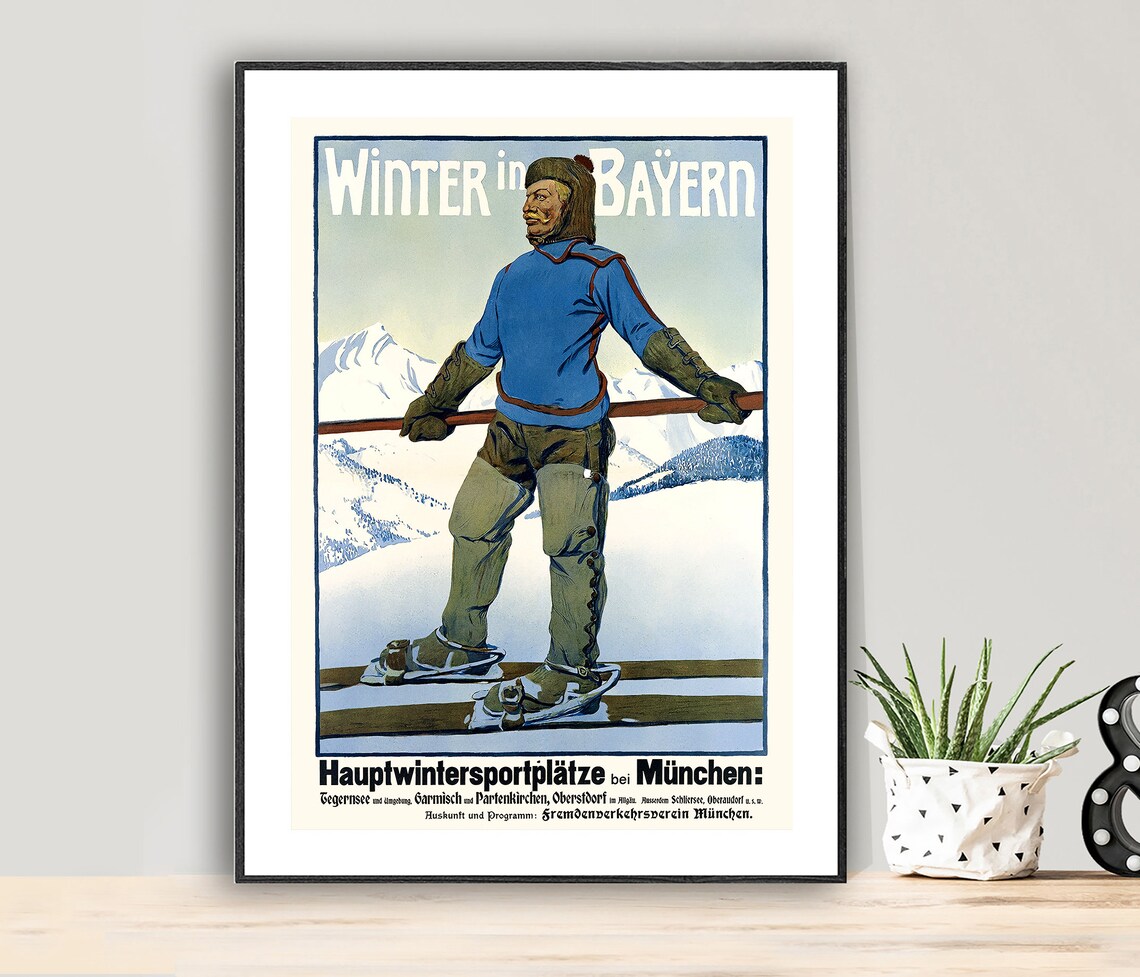 Winter in Bayern Vintage Ski Poster Bavaria Munich Snow Sports Art