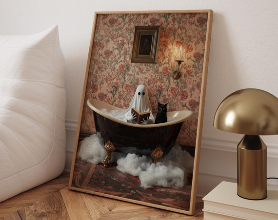 And Cat Bathtub Print Whimsical Gothic Bathroom Wall Art