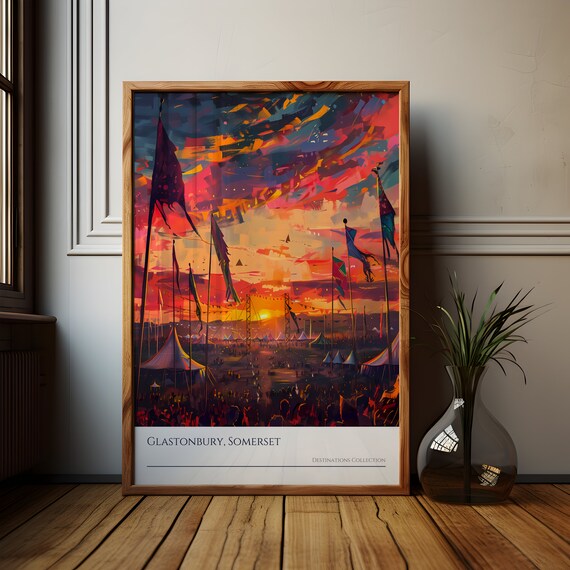 Glastonbury Somerset Festival Sunset Illustrated Travel Poster