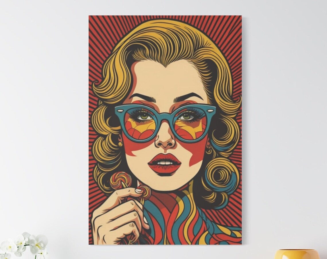 Retro Pop Art Blonde Woman Face Comic Style Colorful Glasses Poster