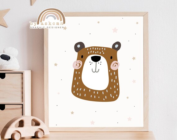 Chocolate Bear Curly Cheeks Dotted Fur Cute Nursery Animal Wall Decor Poster