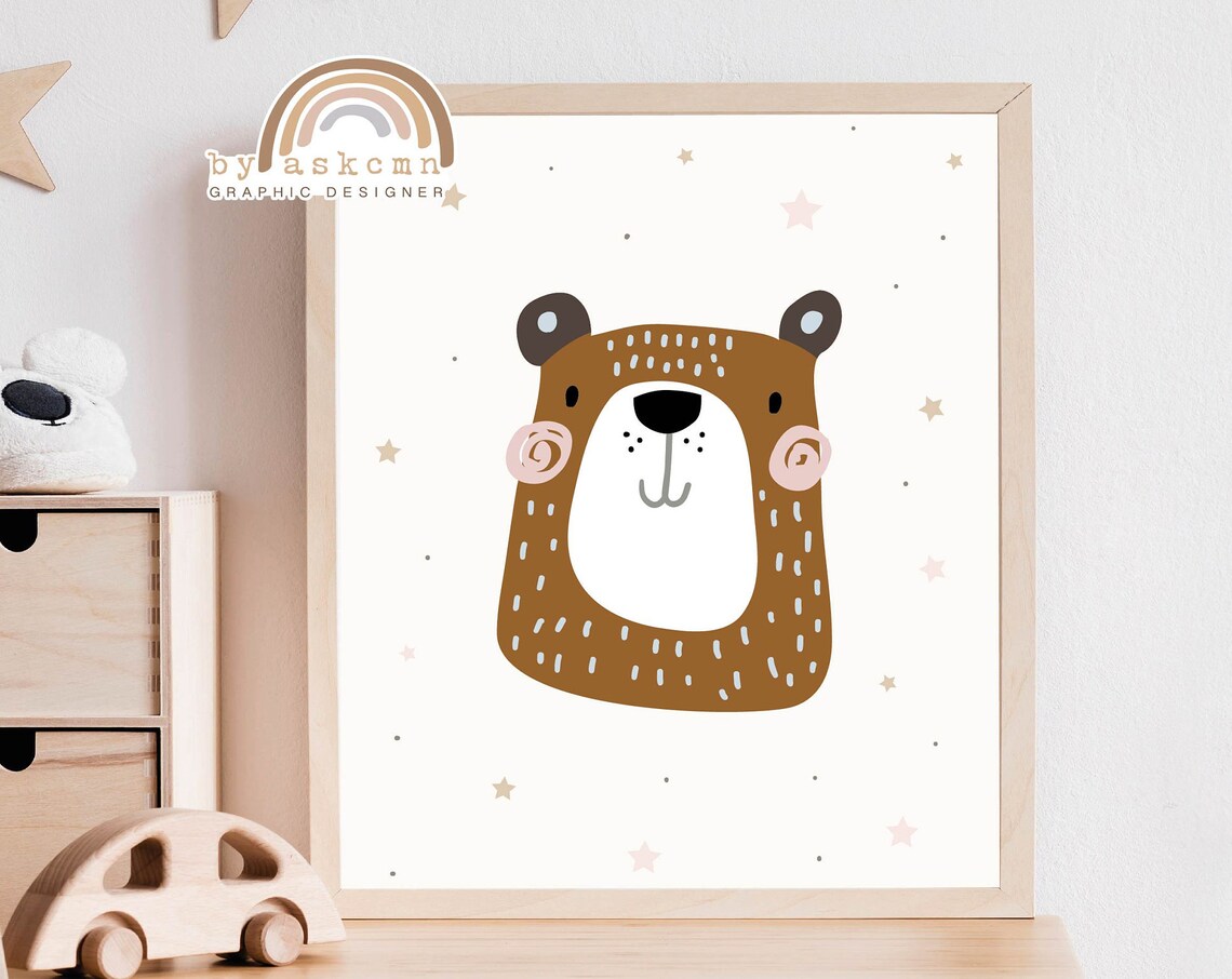 Chocolate Bear Curly Cheeks Dotted Fur Cute Nursery Animal Wall Decor Poster