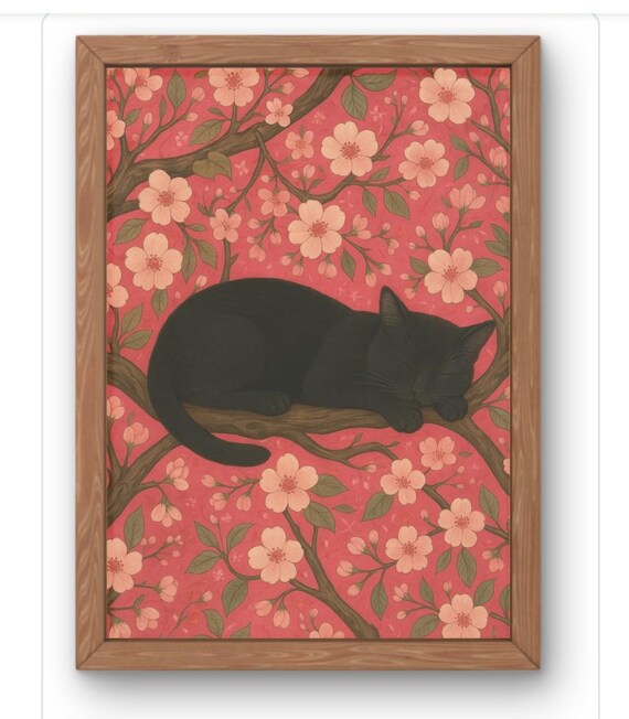 Sleeping Black Cat On Cherry Blossom Branch Spring Art Poster