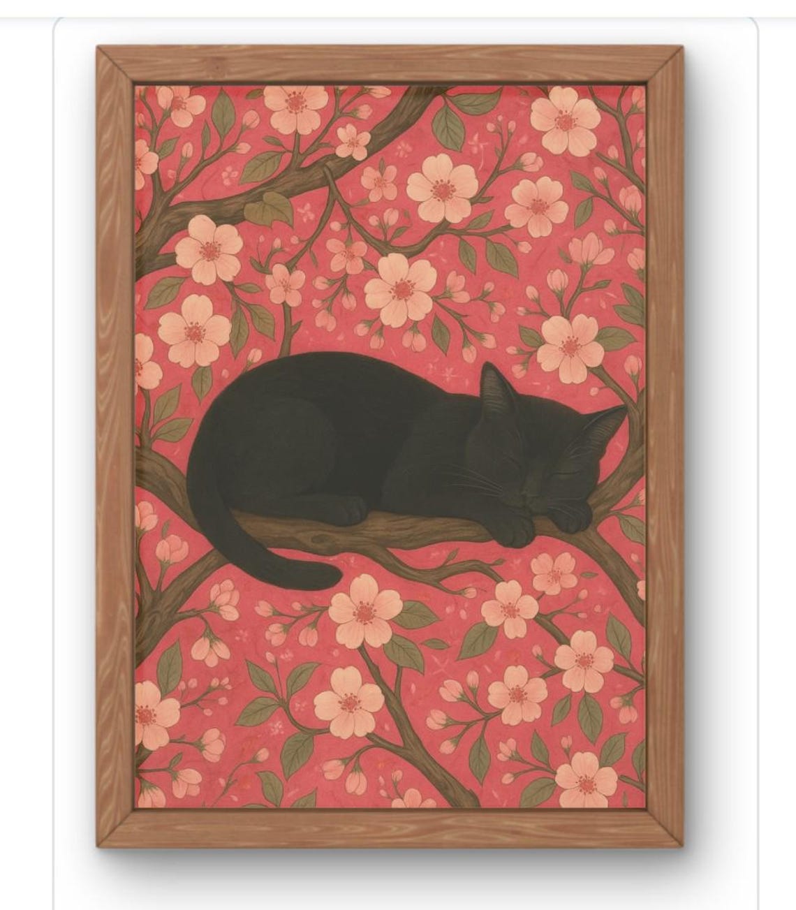 Sleeping Black Cat On Cherry Blossom Branch Spring Art Poster