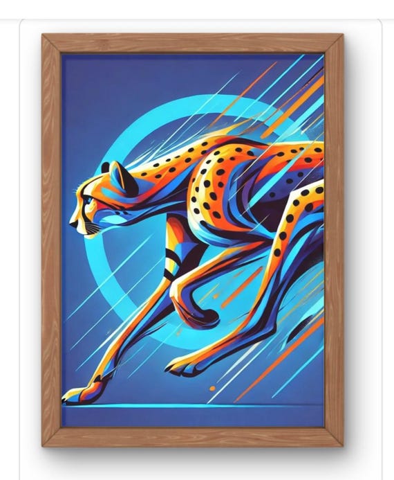 Neon Motion Cheetah Art Print Vibrant Running Big Cat Wall Decor Speed And Power Illustration