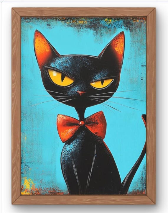 Whimsical Black Cat With Bow Tiecolourful Wall Art For Childrens Bedroom Or Playroom Nursery Decor Print