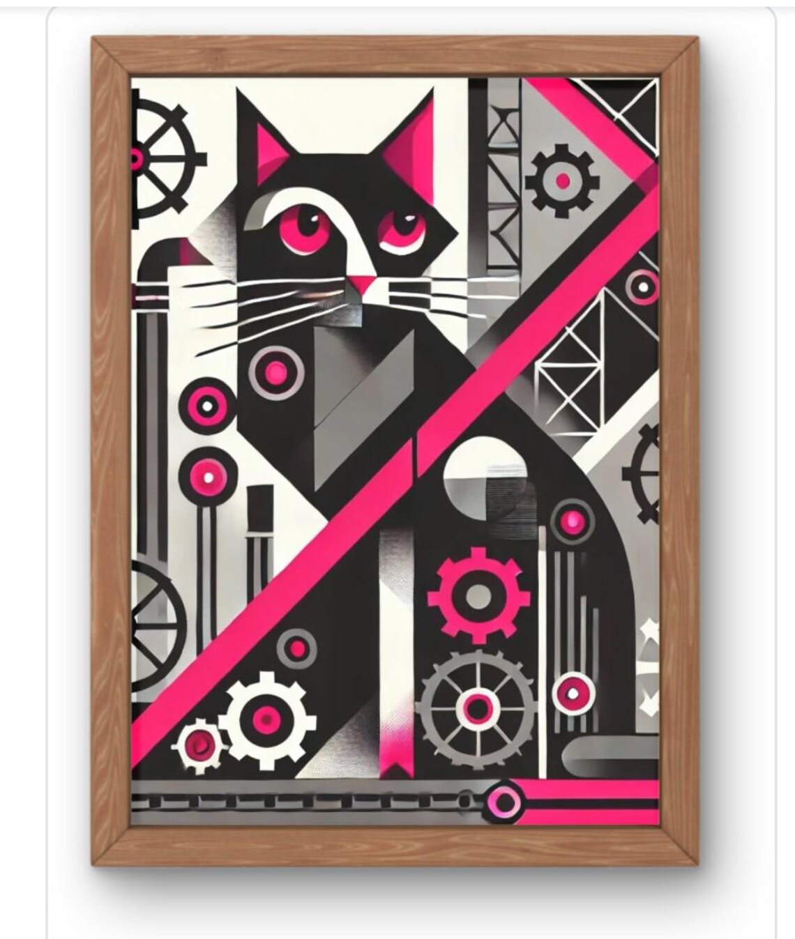 Cubist Industrial Cat Geometric Magenta Gear Steampunk Poster