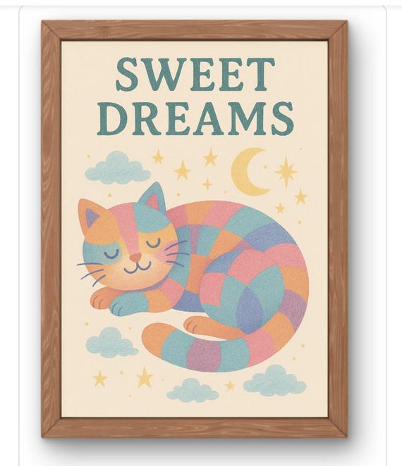 Sweet Dreams Sleep Cat Poster Pastel Nursery Wall Art Whimsical Sleeping Illustration Baby Room Decor Dreamy Animal