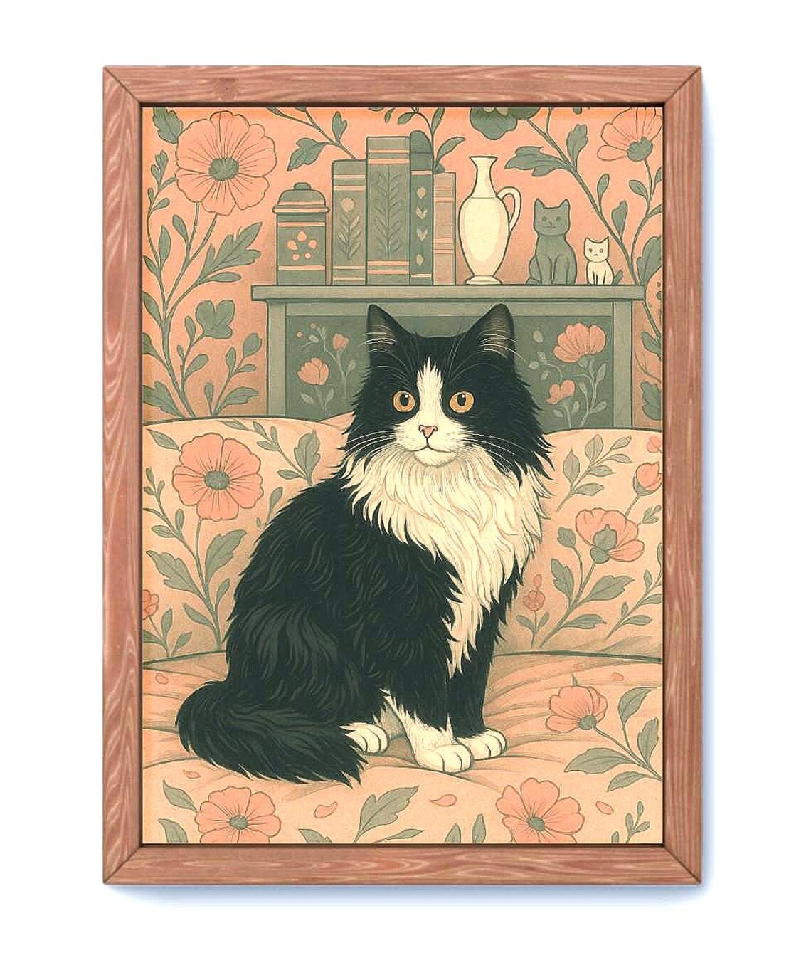 Vintage Floral Tuxedo Cat Portrait Whimsical Peach Art Wall Print