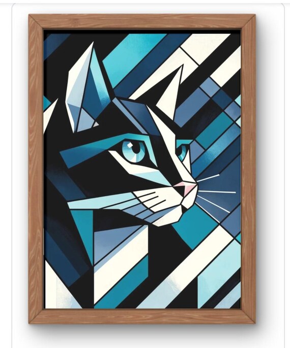 Geometric Blue Cat Face Art Print Bold Abstract Feline Wall Decor In Tones And Black Style