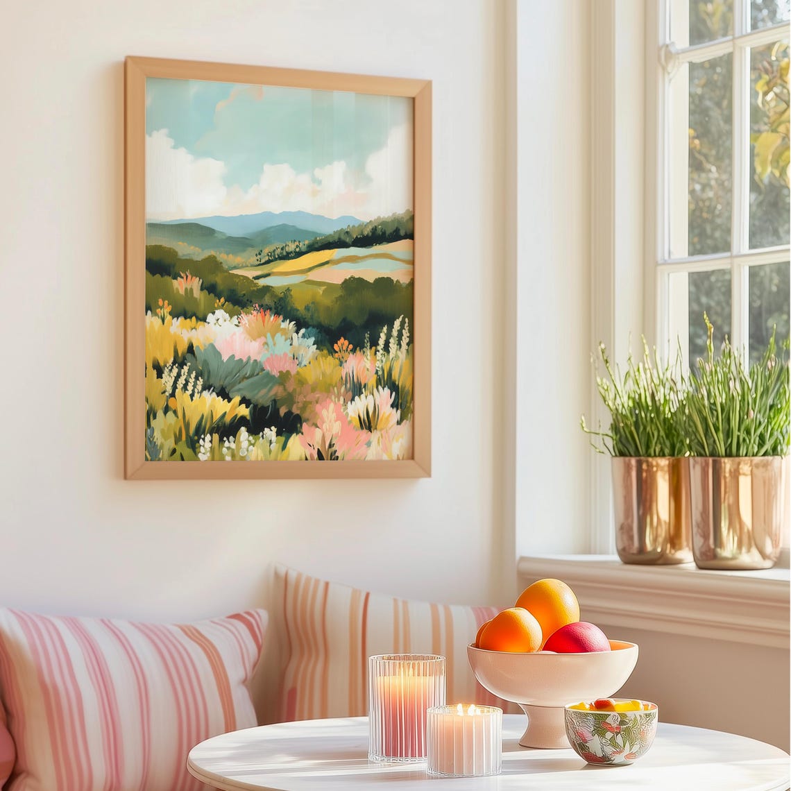 Pastel Wildflower Meadow Rolling Hills Serene Landscape Wall Art